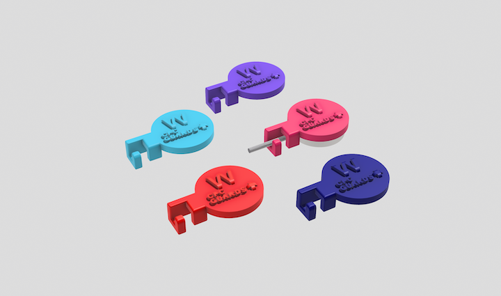 Five CPC Guards™ WatchDogs model. Different colors: Hot pink, Cherry red, Dark blue, Aquamarine, purple. Arrange on three rows. First row has three models. Second row had two models. The Hot pink model in first row has a iPhone puck shape charging cable attached.